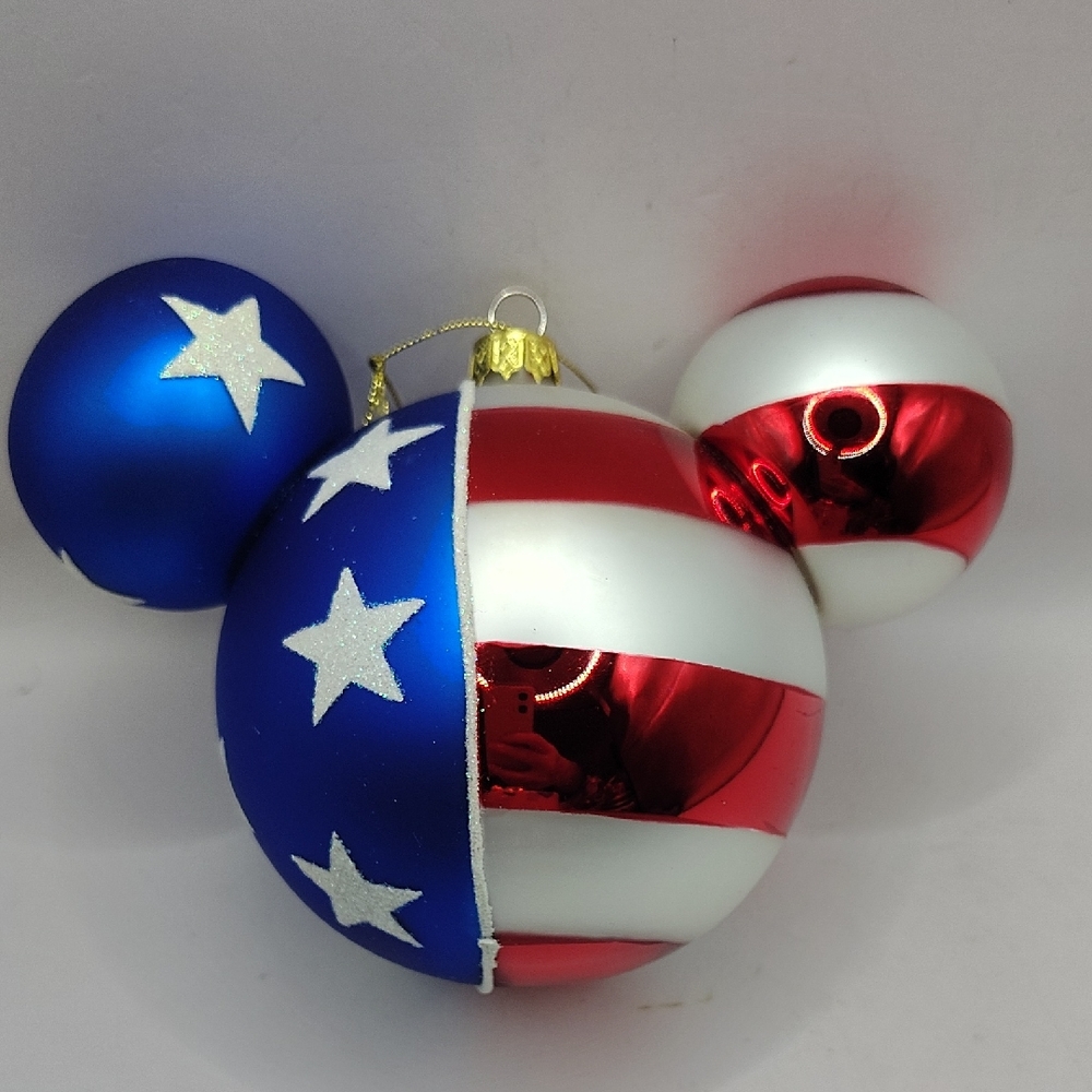 Disney Theme Parks Large Icon Mickey Mouse Ears Patriotic Glass Ornament